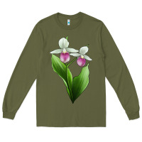 Army Green Pink And White Lady's Slipper Flower Illustrations Long Sleeve Tee - LillyAllenDesigns