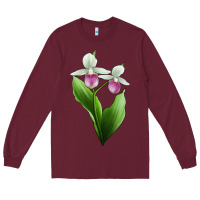 Burgundy Pink And White Lady's Slipper Flower Illustrations Long Sleeve Tee - LillyAllenDesigns