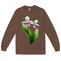Chestnut Pink And White Lady's Slipper Flower Illustrations Long Sleeve Tee - LillyAllenDesigns