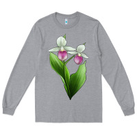 Heather Grey Pink And White Lady's Slipper Flower Illustrations Long Sleeve Tee - LillyAllenDesigns
