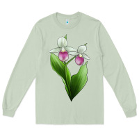 Matcha Pink And White Lady's Slipper Flower Illustrations Long Sleeve Tee - LillyAllenDesigns