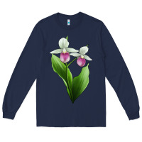 Navy Pink And White Lady's Slipper Flower Illustrations Long Sleeve Tee - LillyAllenDesigns