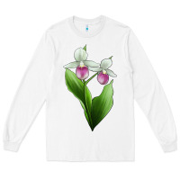 Pink And White Lady's Slipper Flower Illustrations Long Sleeve Tee | Teevron