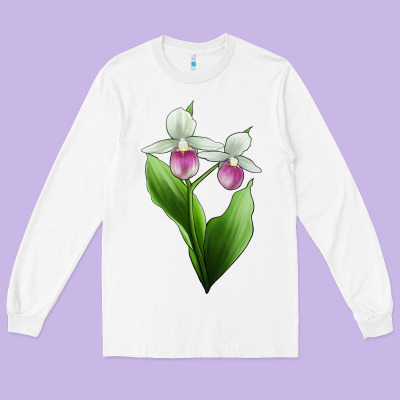 Pink And White Lady's Slipper Flower Illustrations Long Sleeve Tee Designed By Lillyallendesigns