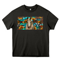 Asphalt Horse With Sunflowers Aztec And Cowhide Heavy Core Tee - RanaPortraitStore