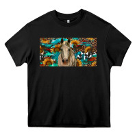 Black Horse With Sunflowers Aztec And Cowhide Heavy Core Tee - RanaPortraitStore