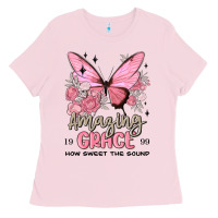 Bubblegum Pink amazing grace how sweet the sound butterfly Ladies Tee - MaliasSmallBusiness