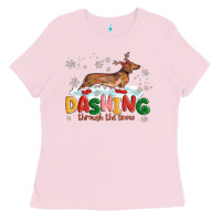 Bubblegum Pink dachshund through the snow Ladies Tee - MaliasSmallBusiness