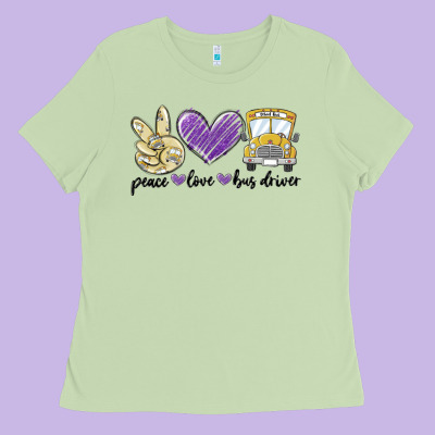 Peace Love Bus Driver Ladies Tee Designed By Maliassmallbusiness