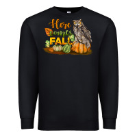 Black Here Comes Fall Owl Premium Sweatshirt - LillyAllenDesigns