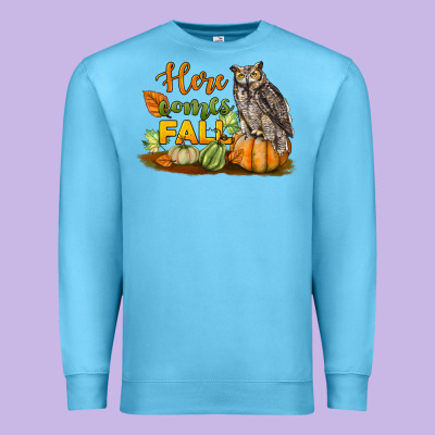 Here Comes Fall Owl Premium Sweatshirt Designed By Lillyallendesigns