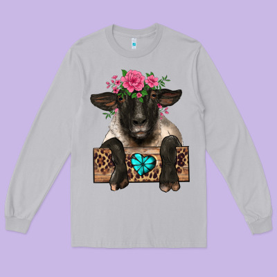 Suffolk Ewe Peeking With Floral Headdress Long Sleeve Tee Designed By Barkaloodesign