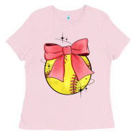 Bubblegum Pink coquette softball bow Ladies Tee - JahusDesignShop