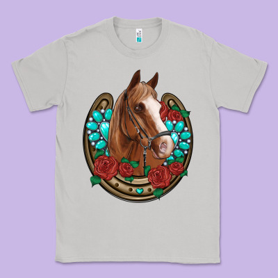 Western Horseshoe Horse Roses Gemstone Classic Tee Designed By Artiststas