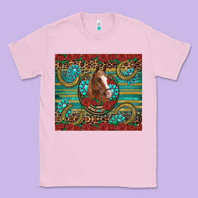 Western Horse Horseshoe Roses Gemstones Glitter Wooden Classic Tee Designed By Artiststas