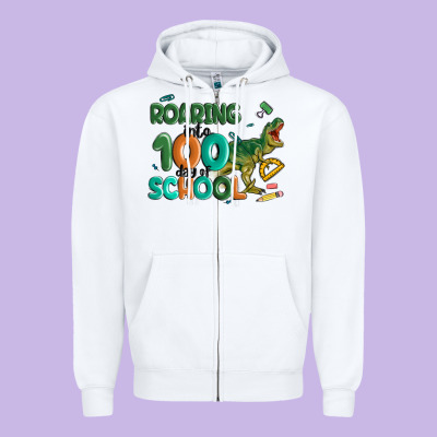 Roaring Into 100 Day Of School Zipper Hoodie Designed By Maliassmallbusiness