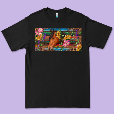 Premium Tee Brown horse with flowers and leopard