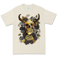 Bull Human Skull With Gold Roses Premium Tee | Teevron