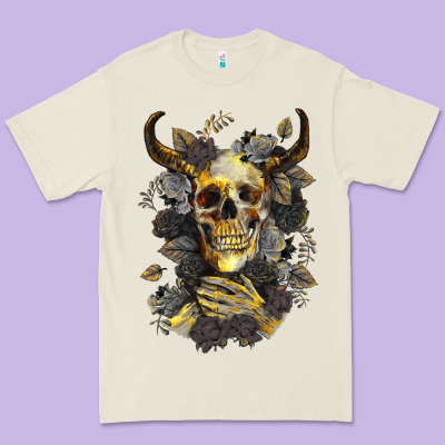 Premium Tee Bull Human Skull With Gold Roses