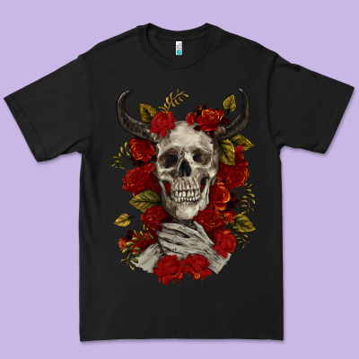 Premium Tee Bull Human Skull With Roses