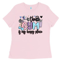 Bubblegum Pink the gym is my happy place Ladies Tee - MaliasSmallBusiness