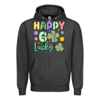Charcoal Heather happy go lucky Zipper Hoodie - MaliasSmallBusiness