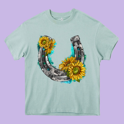 Horseshoe Cowhide And Sunflowers Heavy Core Tee Designed By Texasbilliewilder