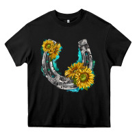 Black horseshoe cowhide and sunflowers Heavy Core Tee - texasbilliewilder