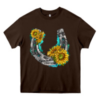 Chocolate Brown horseshoe cowhide and sunflowers Heavy Core Tee - texasbilliewilder