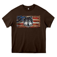 Chocolate Brown Wolf with american flag and leopard Heavy Core Tee - RanaPortraitStore