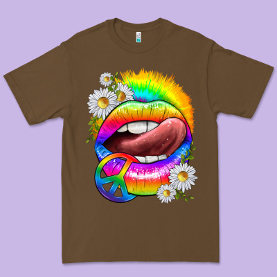 Premium Tee rainbow lips with daisies