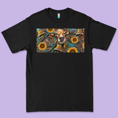 Premium Tee Cow With Aztec Leopard And Sunflower