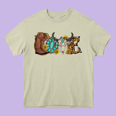 Western Love Bull Skull With Gemstone And Sunflowe Heavy Core Tee Designed By Texasbilliewilder