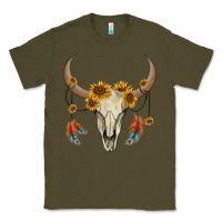 Army Green bull skull sunflowers and feathers Classic Tee - AdoDesignShop