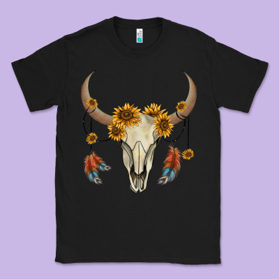 Bull Skull Sunflowers And Feathers Classic Tee Designed By Adodesignshop