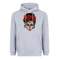 Heather Grey mexican sugar skull messy bun woman Heavyweight Hoodie - LillyAllenDesigns