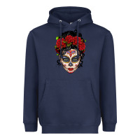 Navy mexican sugar skull messy bun woman Heavyweight Hoodie - LillyAllenDesigns