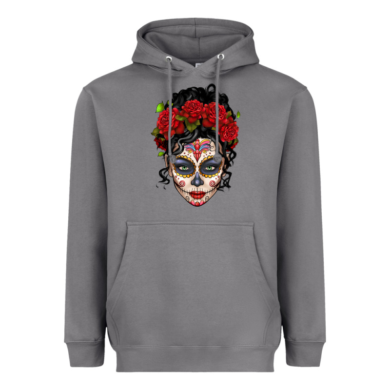 Mexican Sugar Skull Messy Bun Woman Heavyweight Hoodie by LillyAllenDesigns | Teevron