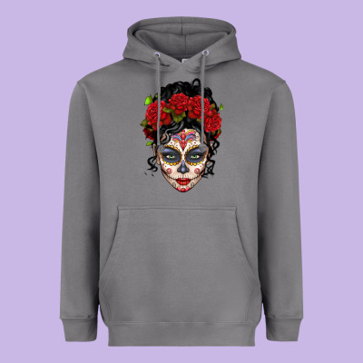 Mexican Sugar Skull Messy Bun Woman Heavyweight Hoodie Designed By Lillyallendesigns
