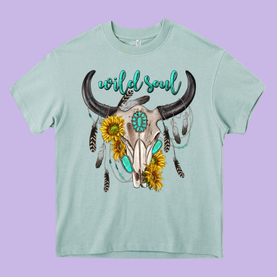 Wild Soul Boho Bull Skull Heavy Core Tee Designed By Texasbilliewilder
