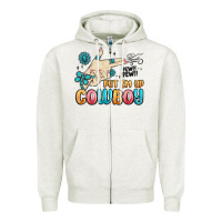 Oatmeal Heather western turquoise put em up cowboy Zipper Hoodie - MaliasSmallBusiness