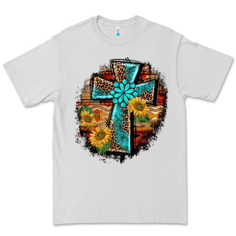 Western Turquoise's Leopard Cross  Wooden Aztek Sunflowers Background Premium Tee by BarkalooDesign | Teevron