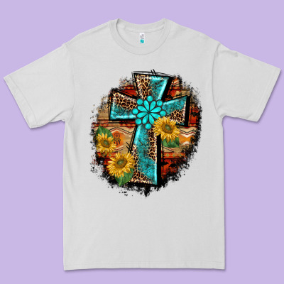 Western Turquoise's Leopard Cross  Wooden Aztek Sunflowers Background Premium Tee Designed By Barkaloodesign