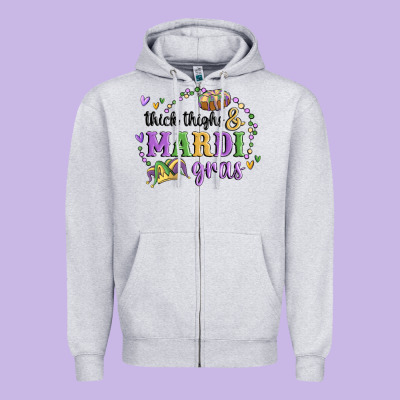 Thick Thighs Mardi Gras Zipper Hoodie Designed By Maliassmallbusiness