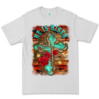 Dove Grey he is risen cross with roses background Premium Tee - BarkalooDesign