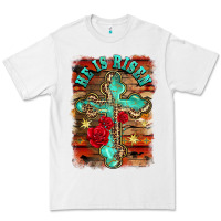White he is risen cross with roses background Premium Tee - BarkalooDesign