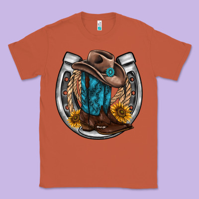 Western Horseshoe Boots Hat Rope Sunflower Classic Tee Designed By Adodesignshop