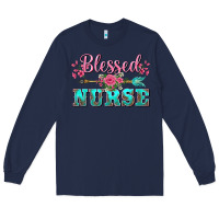 Navy western blessed nurse pink floral arrow Long Sleeve Tee - BarkalooDesign
