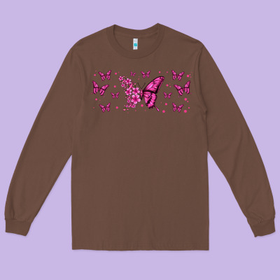 Floral Breast Cancer Butterfly Long Sleeve Tee Designed By Jasminsmagicworld
