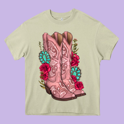 Floral Cowgirl Boots Heavy Core Tee Designed By Texasbilliewilder